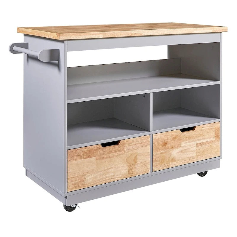 Kitchen Island on Wheels with Open Compartments and 2 Drawers