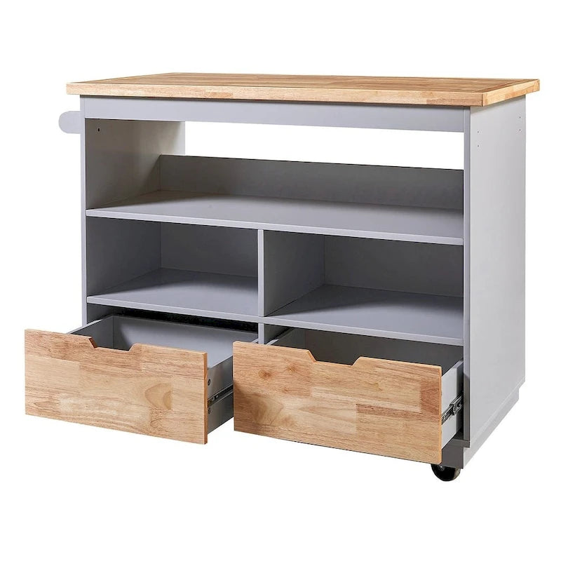 Kitchen Island on Wheels with Open Compartments and 2 Drawers
