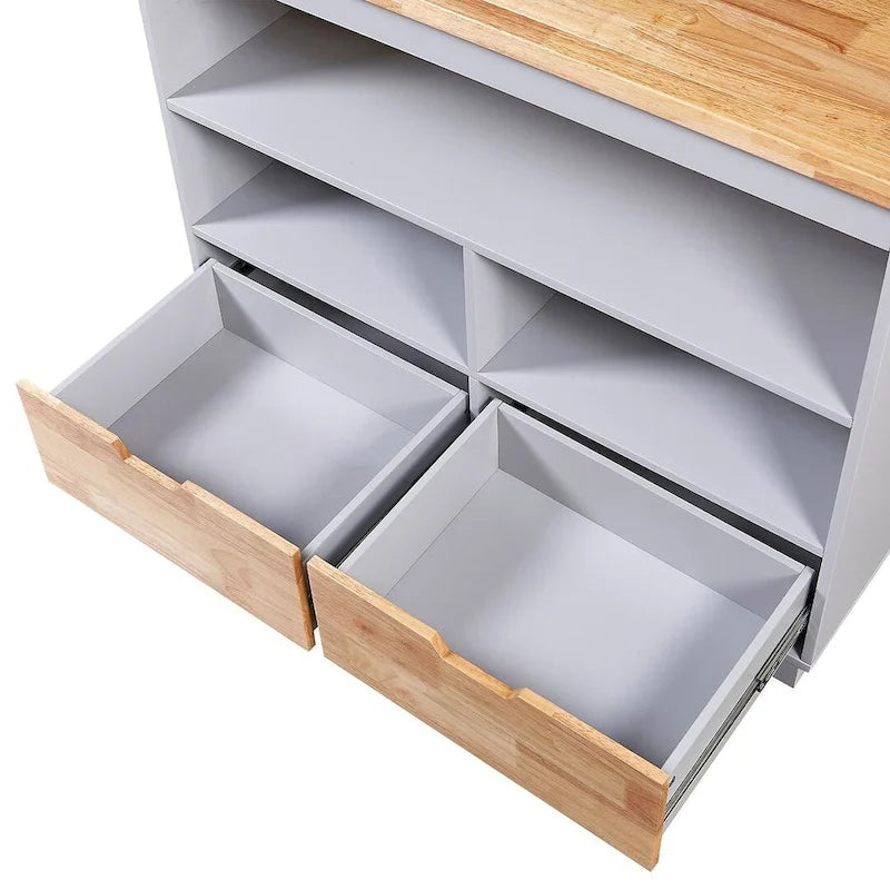 Kitchen Island on Wheels with Open Compartments and 2 Drawers