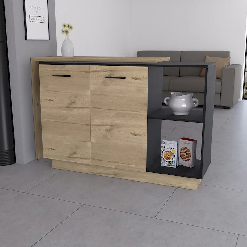 Kitchen Island with Two-Level Countertop, Two Cabinets and Five Shelves