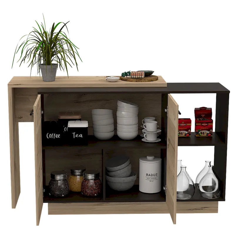 Kitchen Island with Two-Level Countertop, Two Cabinets and Five Shelves