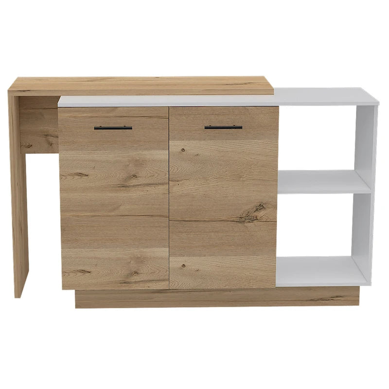 Kitchen Island with Two-Level Countertop, Two Cabinets and Five Shelves