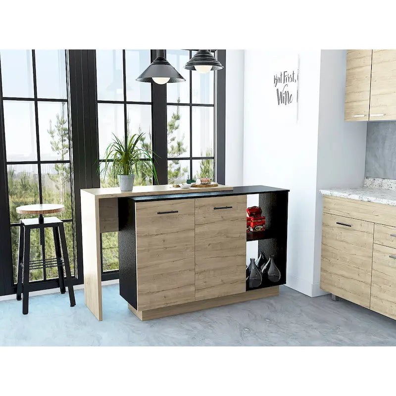 Kitchen Island with Two-Level Countertop, Two Cabinets and Five Shelves
