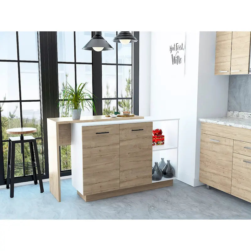 Kitchen Island with Two-Level Countertop, Two Cabinets and Five Shelves