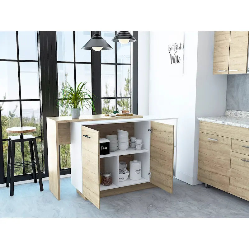 Kitchen Island with Two-Level Countertop, Two Cabinets and Five Shelves