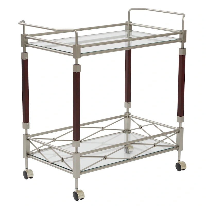 Serving Cart with Glass Shelves and Casters on Wheels