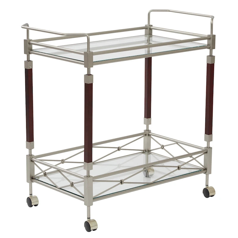 Serving Cart with Glass Shelves and Casters on Wheels