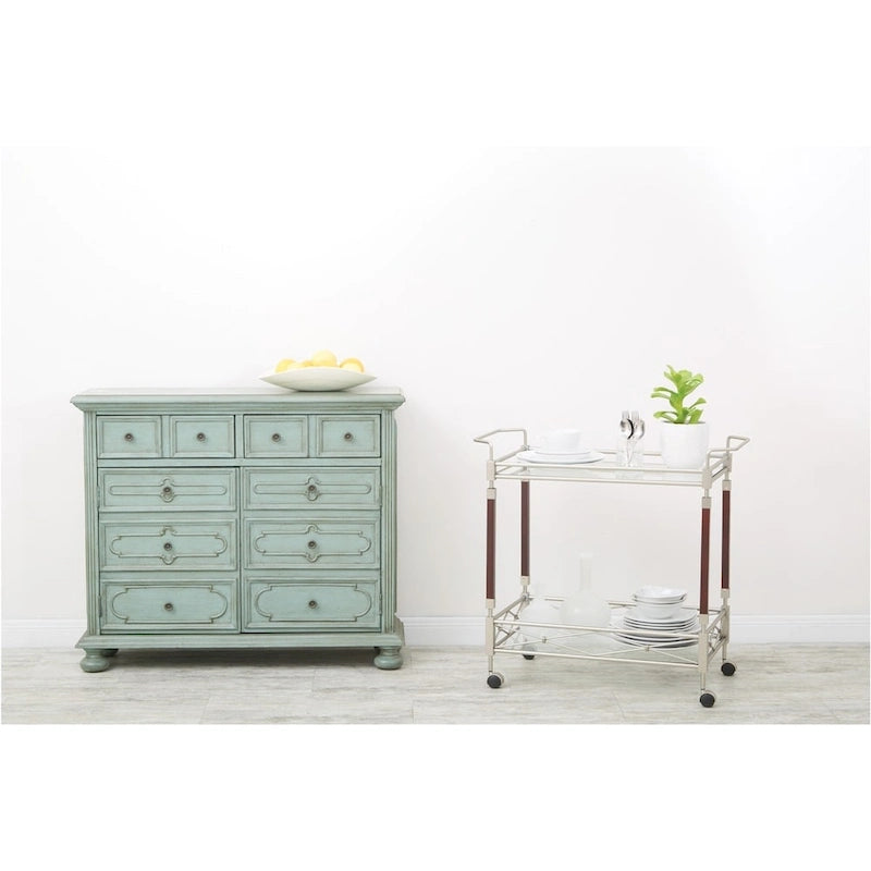 Serving Cart with Glass Shelves and Casters on Wheels