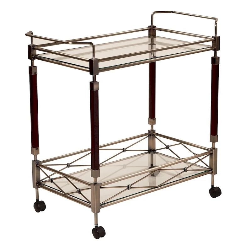 Serving Cart with Glass Shelves and Casters on Wheels
