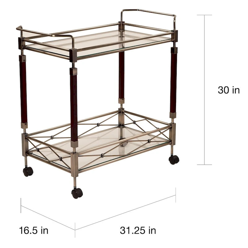 Serving Cart with Glass Shelves and Casters on Wheels