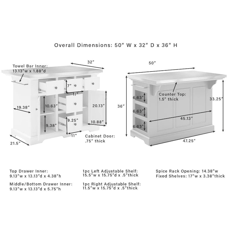 Wood Top Kitchen Island with Storage Drawers and Cabinets White 50W x 60D x 41H