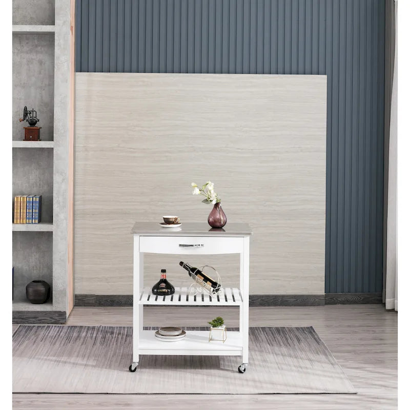 Rolling Kitchen Cart with Stainless Steel Top and Storage Shelves