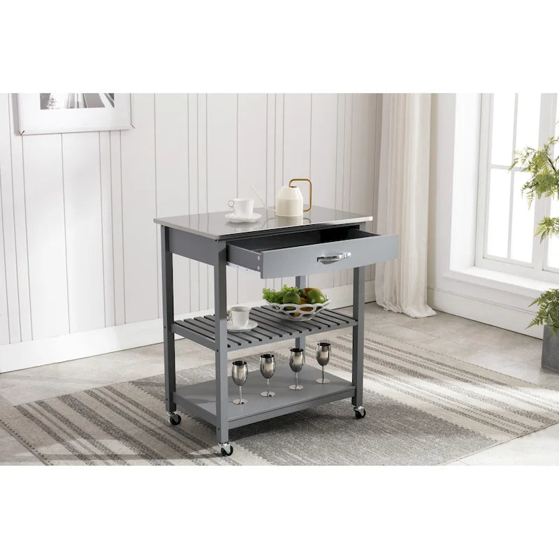 Rolling Kitchen Cart with Stainless Steel Top and Storage Shelves