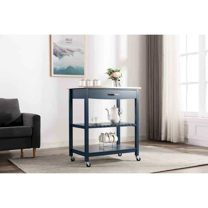 Rolling Kitchen Cart with Stainless Steel Top and Storage Shelves