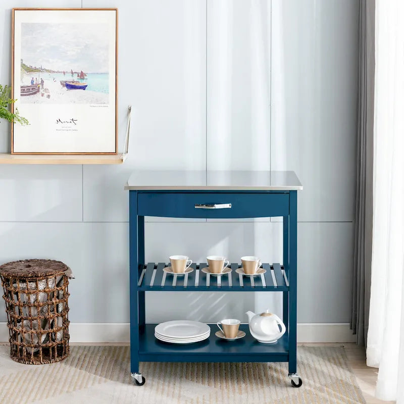 Rolling Kitchen Cart with Stainless Steel Top and Storage Shelves