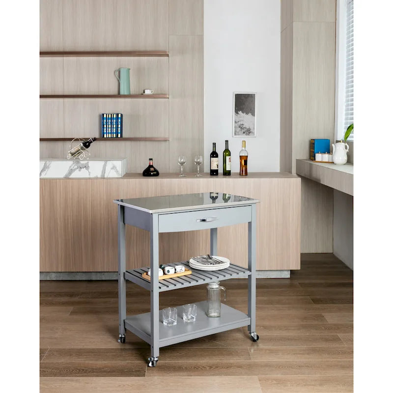 Rolling Kitchen Cart with Stainless Steel Top and Storage Shelves
