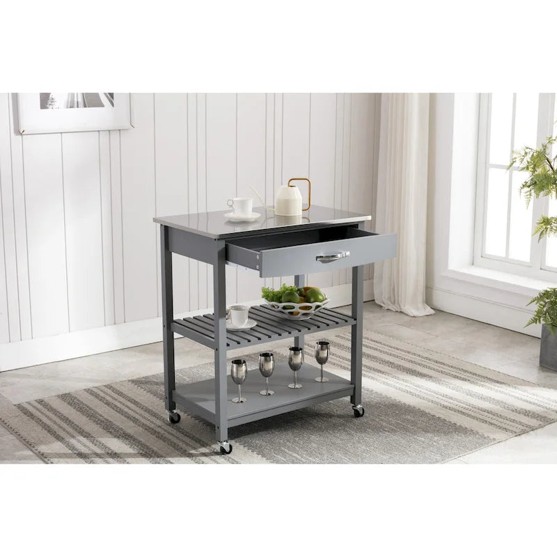 Rolling Kitchen Cart with Stainless Steel Top and Storage Shelves