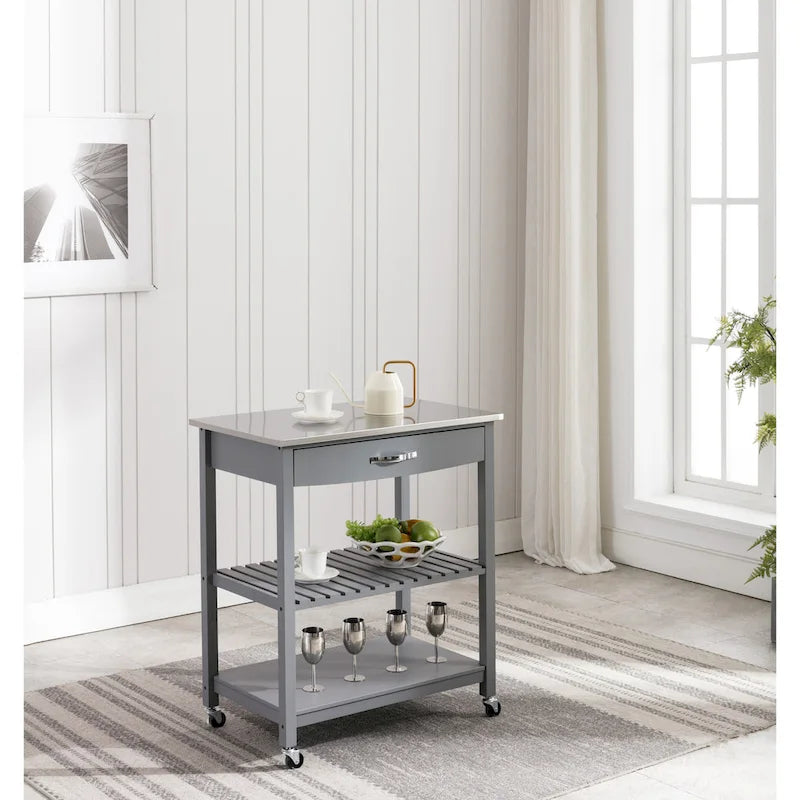 Rolling Kitchen Cart with Stainless Steel Top and Storage Shelves