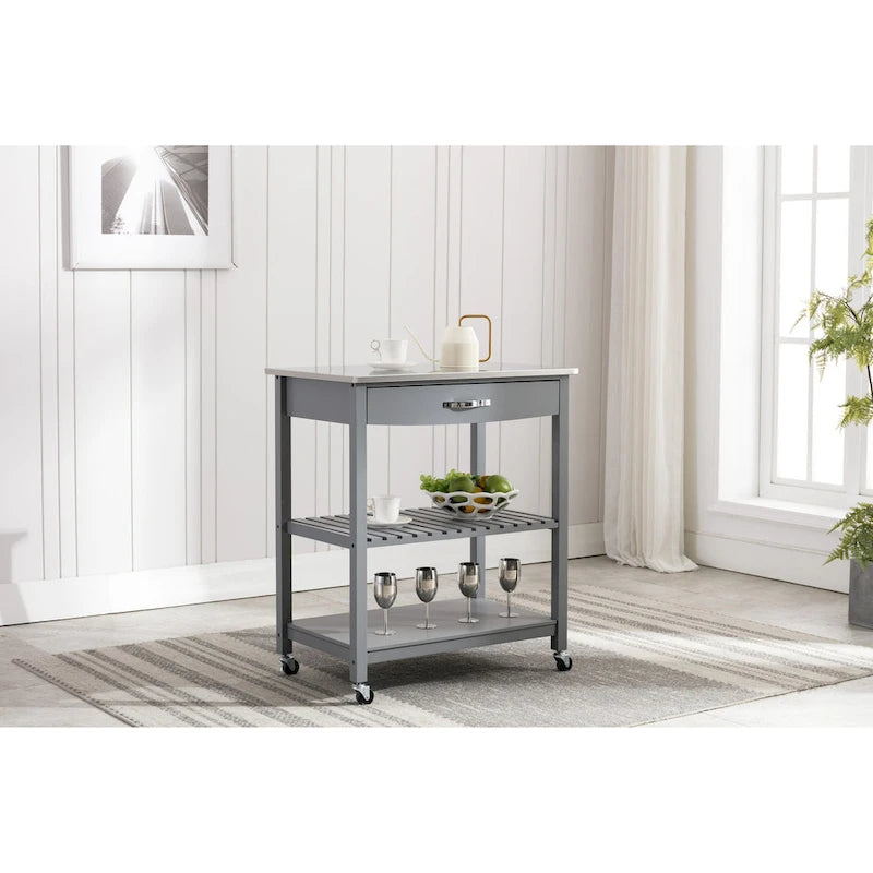 Rolling Kitchen Cart with Stainless Steel Top and Storage Shelves