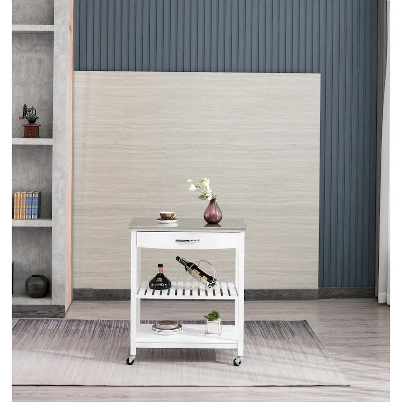 Rolling Kitchen Cart with Stainless Steel Top and Storage Shelves