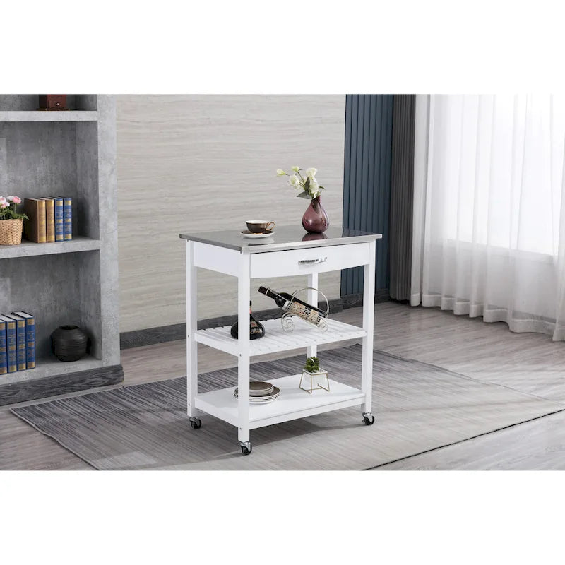 Rolling Kitchen Cart with Stainless Steel Top and Storage Shelves