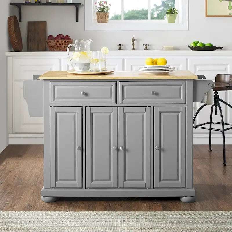 Natural Wood Top Kitchen Island in Vintage Grey