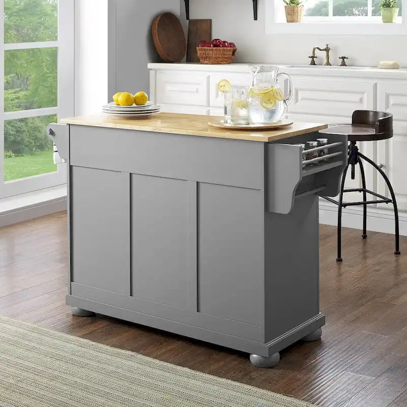Natural Wood Top Kitchen Island in Vintage Grey