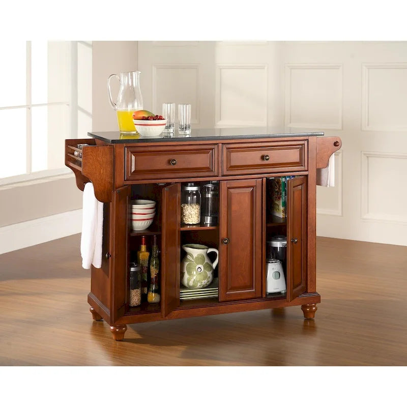 Solid Black Granite Top Kitchen Island in Classic Cherry Finish 51.5W x 18D x 36H