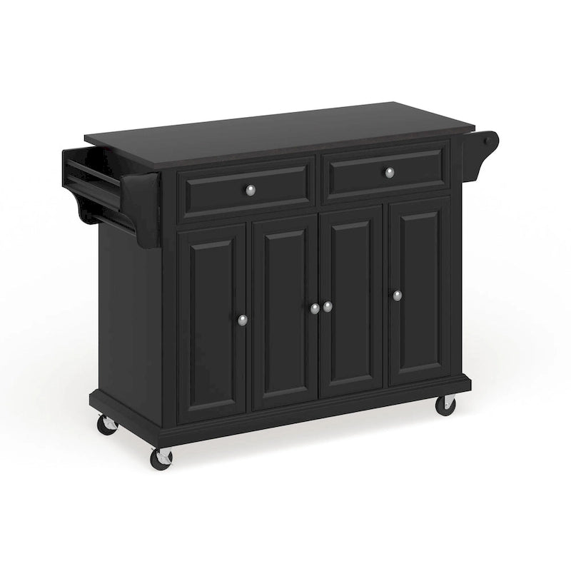 Black Wood Kitchen Cart Island with Solid Black Granite Top