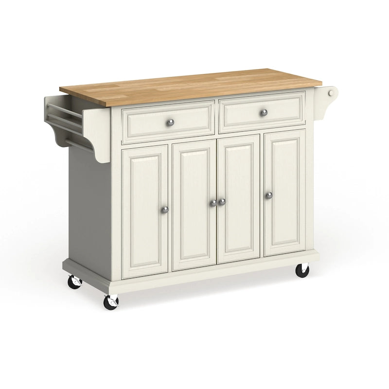 Full Size White Natural Wood Top Kitchen Cart Island