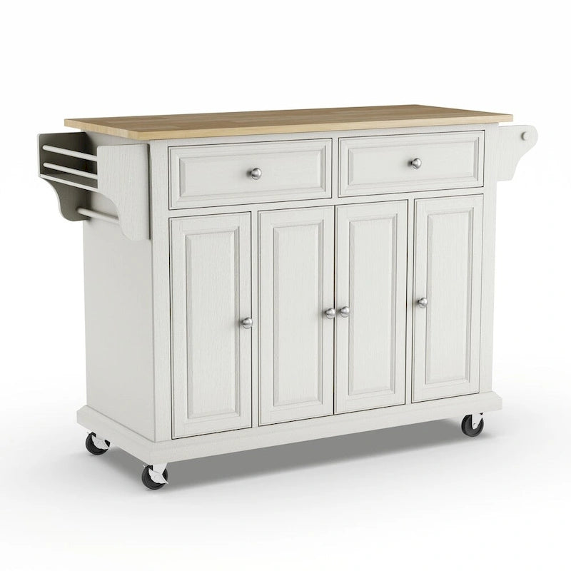 Full Size White Natural Wood Top Kitchen Cart Island