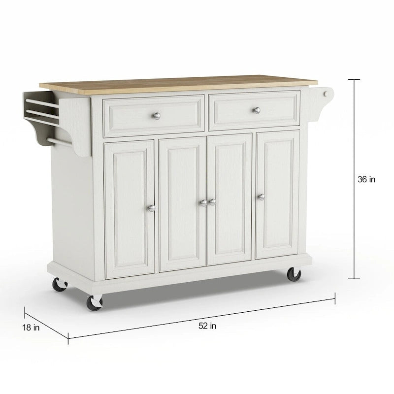 Full Size White Natural Wood Top Kitchen Cart Island