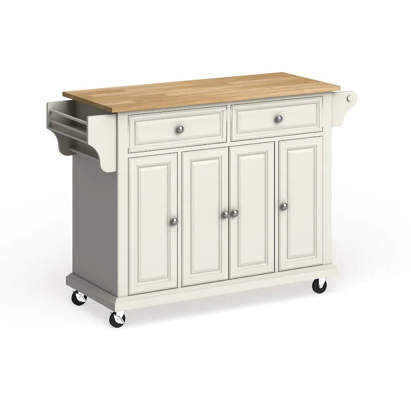 Full Size White Natural Wood Top Kitchen Cart Island