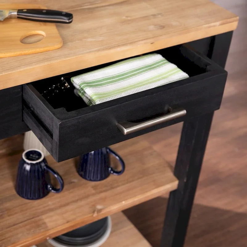 Transitional Black Wood Expandable Kitchen Island with Drop-Leaf Countertop and Storage