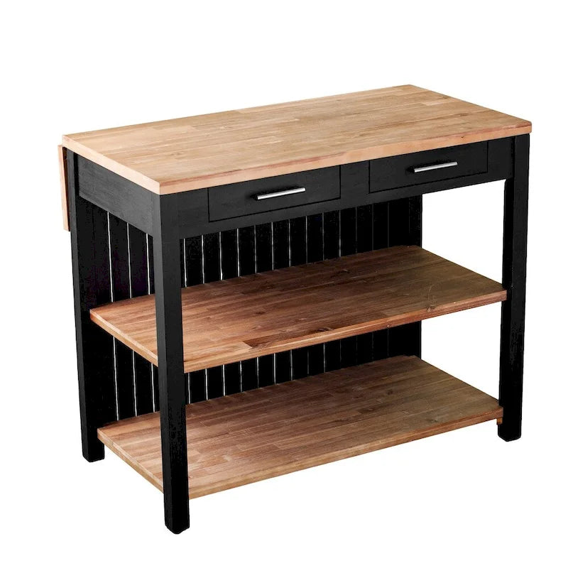 Transitional Black Wood Expandable Kitchen Island with Drop-Leaf Countertop and Storage