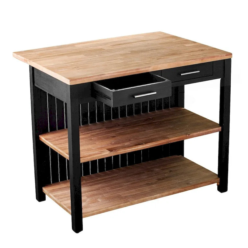 Transitional Black Wood Expandable Kitchen Island with Drop-Leaf Countertop and Storage
