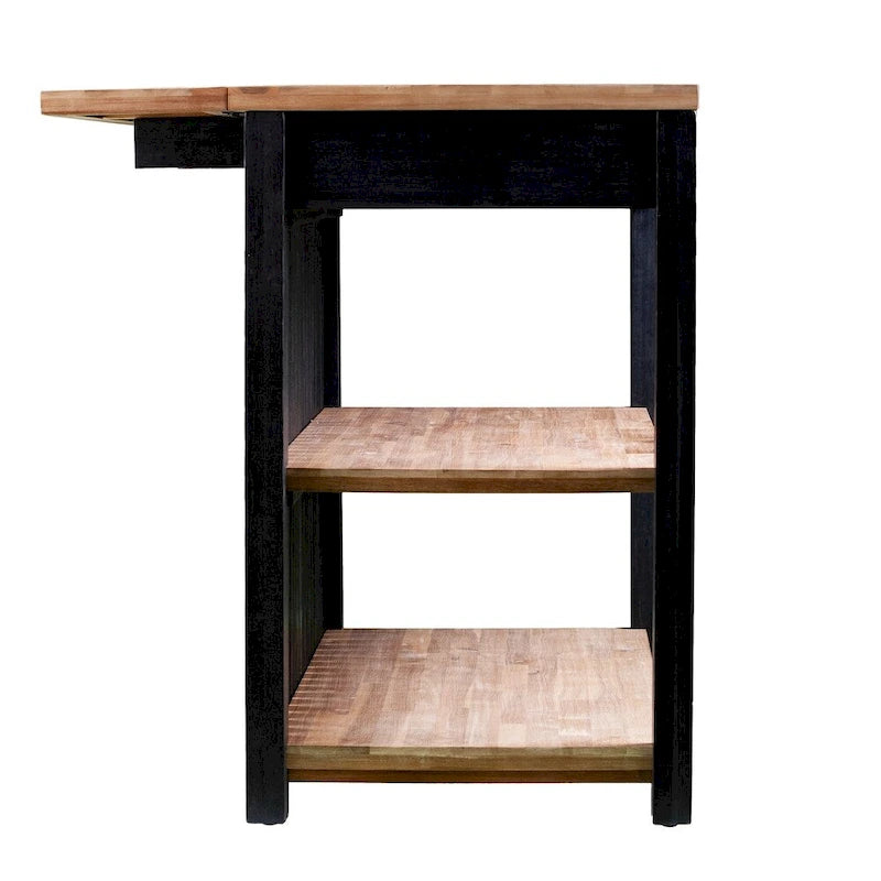 Transitional Black Wood Expandable Kitchen Island with Drop-Leaf Countertop and Storage