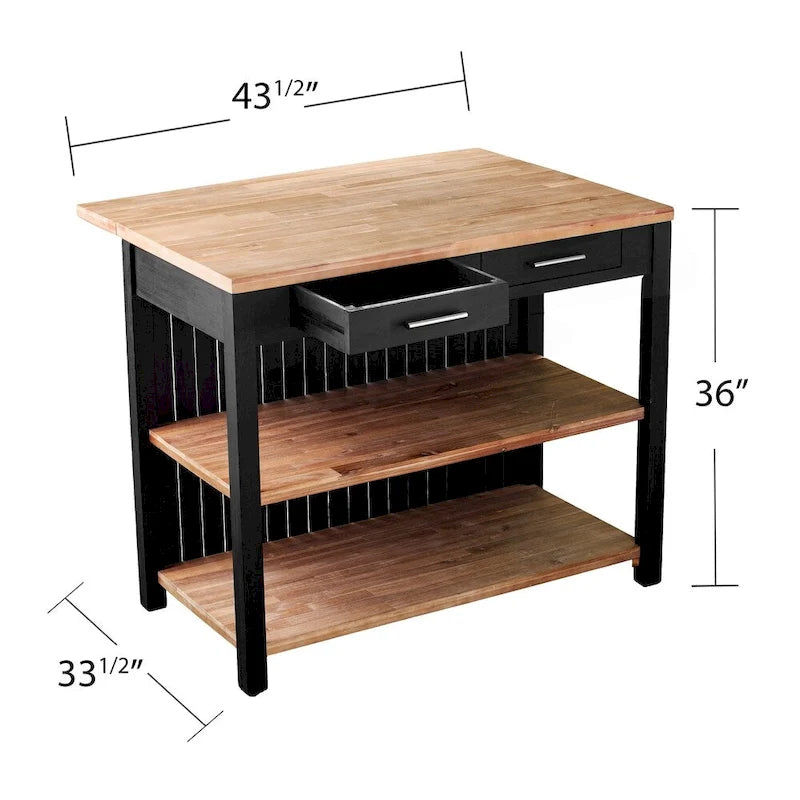 Transitional Black Wood Expandable Kitchen Island with Drop-Leaf Countertop and Storage