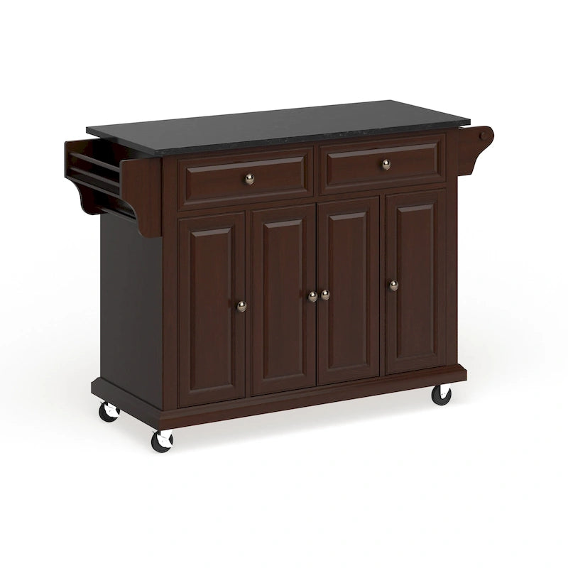 Full Size Solid Black Granite Top Kitchen Cart with Storage Drawers