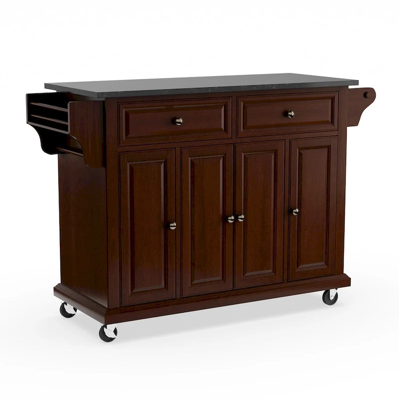 Full Size Solid Black Granite Top Kitchen Cart with Storage Drawers