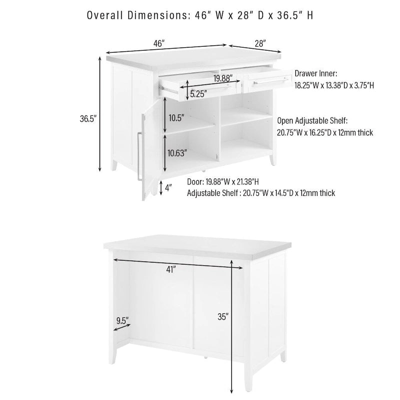 Stainless Steel Top Kitchen Island with Storage Drawers and Cabinet - 46W x 28D x 36.5H