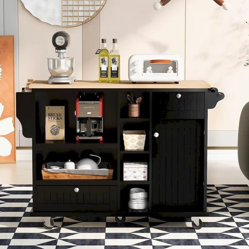 Kitchen Island Cart with Wood Top and Open Storage Microwave Oven Cabinet