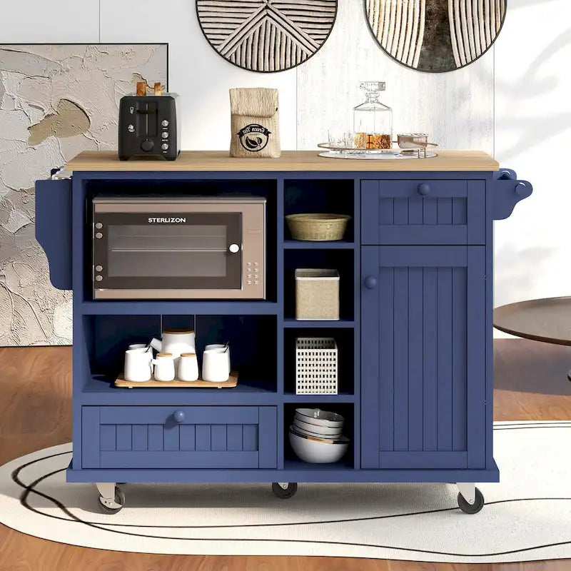 Kitchen Island Cart with Wood Top and Open Storage Microwave Oven Cabinet