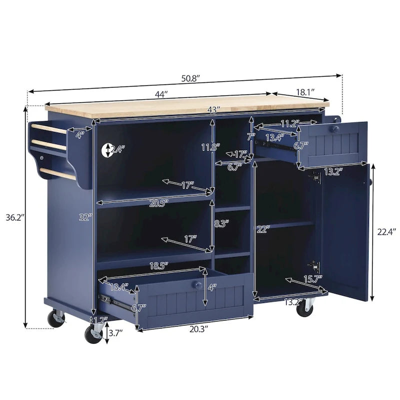 Kitchen Island Cart with Wood Top and Open Storage Microwave Oven Cabinet