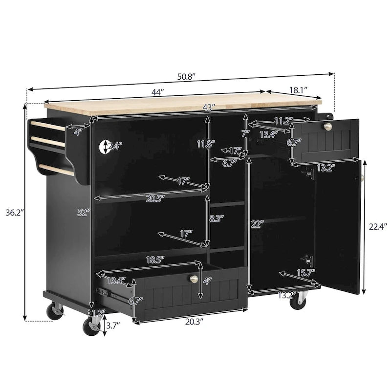 Kitchen Island Cart with Wood Top and Open Storage Microwave Oven Cabinet
