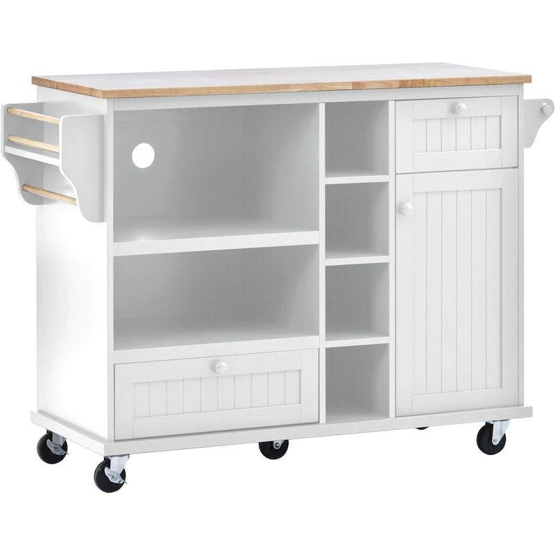 Kitchen Island Cart with Wood Top and Open Storage Microwave Oven Cabinet