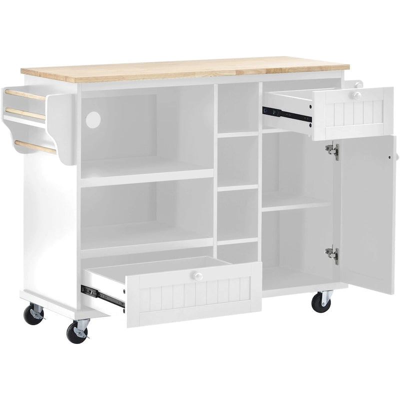 Kitchen Island Cart with Wood Top and Open Storage Microwave Oven Cabinet