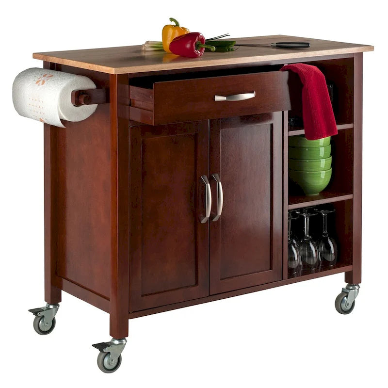 Utility Kitchen Cart with Drop Leaves Walnut Natural Finish Rolling Storage