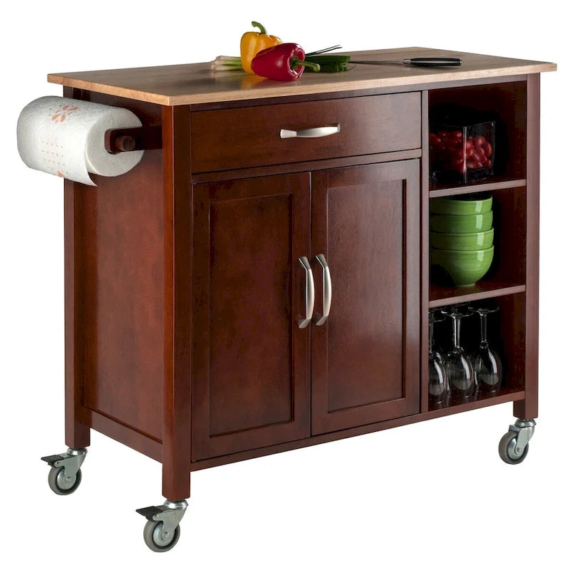 Utility Kitchen Cart with Drop Leaves Walnut Natural Finish Rolling Storage
