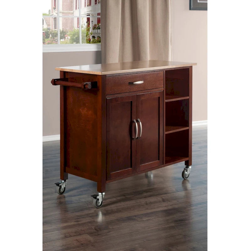 Utility Kitchen Cart with Drop Leaves Walnut Natural Finish Rolling Storage